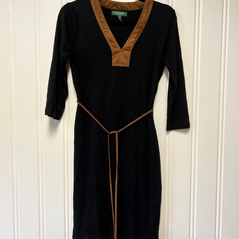 Ralph Lauren Black Dress w Suede Brown V-Neck and Belt. petite Small 100% cotton
